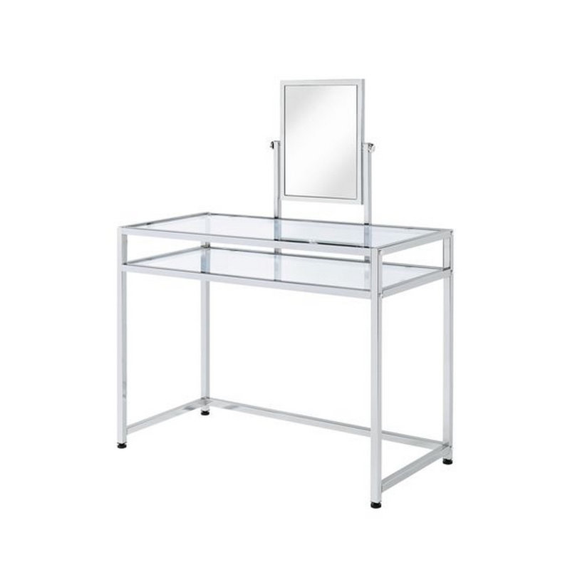 Jolien Glass Rectangular Vanity Set with Stool and Mirror in Chrome