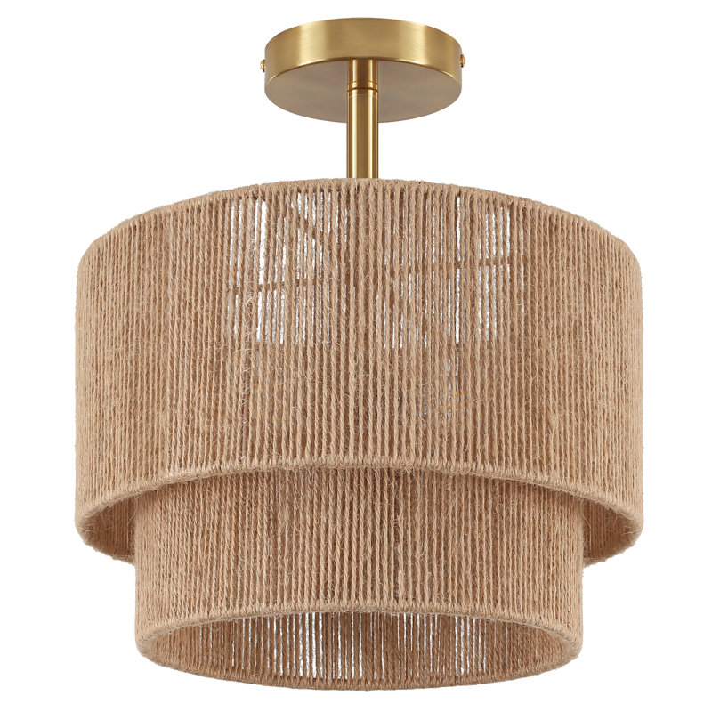 Plafonnier 3 lumières Boho, plafonnier semi-encastré en rotin avec abat-jour à 2 niveaux, tambour rustique tissé à la main pour couloir, cuisine, vestibule, ferme, chambre à coucher