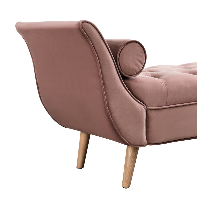 Tabouret rembourré en velours avec boutons - Banc rose 2 coussins, accoudoirs roulés, pieds en bois massif, pour la chambre à coucher et la salle à manger en bout de lit, assemblage rapide et confortable