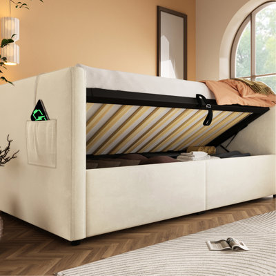 Lit de jour simple rembourré en velours beige avec cadre de lit de rangement hydraulique, charge de type C, lattes et dossier en bois, idéal pour les dortoirs d'étudiants