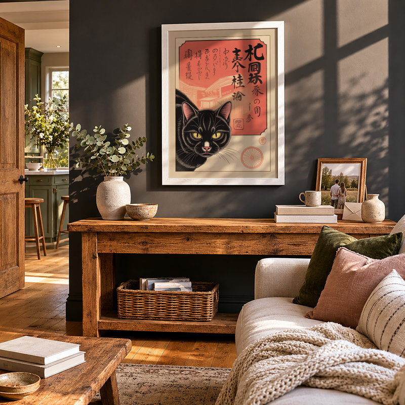 Japanese Cat Portrait Japandi - Framed Print, A2 - 59.4 x 42.0 cm, White
