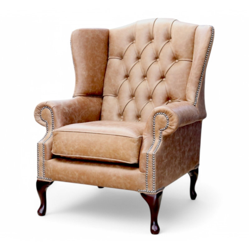 Upholstered Wingback Chair, Cracked Wax Tan