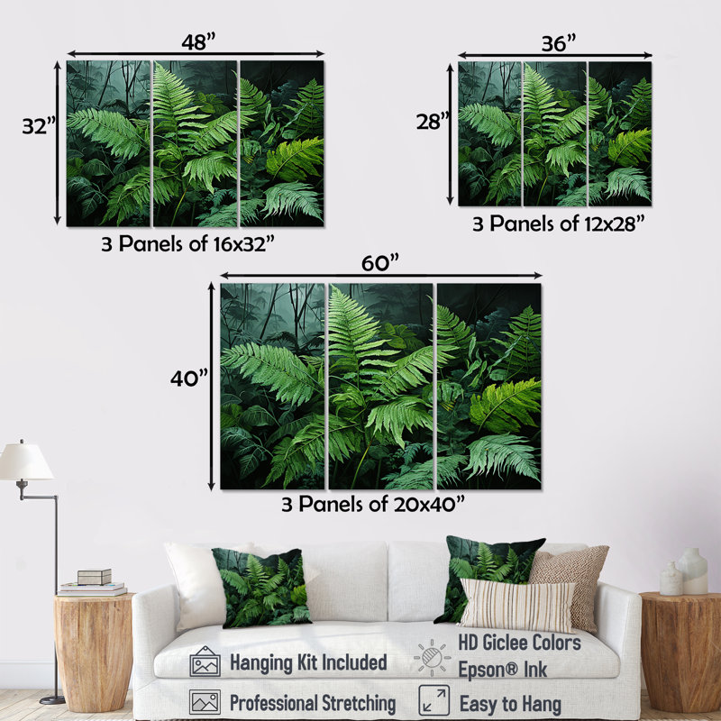 Ensemble de décorations murales Emerald Green Ferns Forest II - Plants, Toile tendue, H 40 po x l 60 po x P 1 po