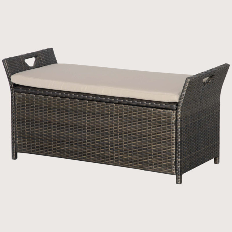 27 Gallon Patio Wicker Storage Bench, Outdoor PE Rattan Patio Furniture, 2-In-1 Large Capacity Rectangle Garden Storage Box With Handles And Cushion, Cream White