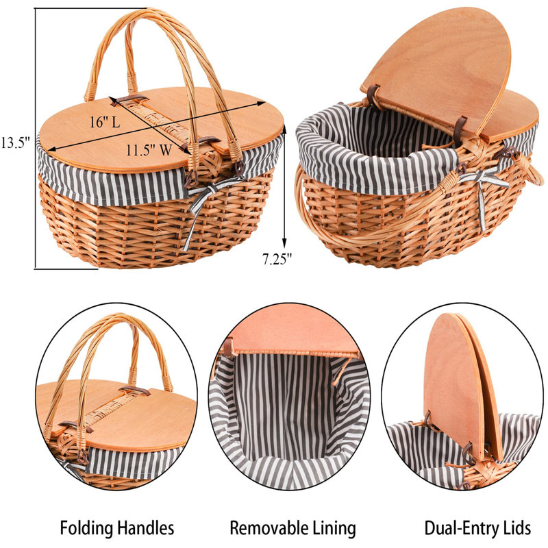 Lined Picnic Basket - Wicker Picnic Basket With Wooden Split Lid - Vintage Style Large Woven Basket With Double Folding Handles