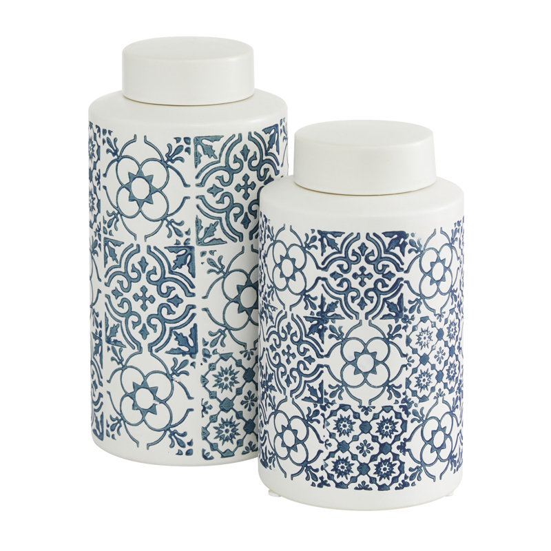 Ceramic White Decorative Jars with Spanish Tile Patterns Set