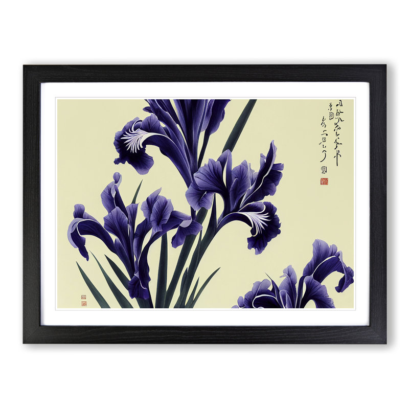 Japanese Iris Flowers 1 Piece Single Picture Frame Wall Art, 34cm H x 46cm W x 2cm D, Black Framed