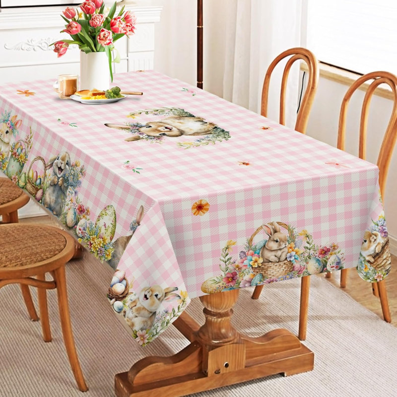 Nappe de Pâques rectangulaire 60 x 84 pouces - Décorations de Pâques en tissu écossais rose pour la maison, Rose