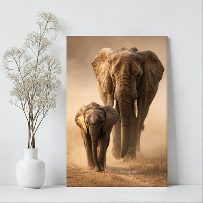 African Elephants Walking Together with Dust Swirling Canvas Wall Art Print - Gallery Wrap Canvas with Solid Wood Inner Frame, Ready to Hang