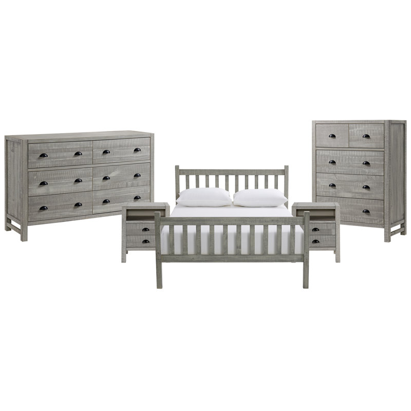 Ensemble de chambre à coucher 5 pièces Windsor avec lit simple à lattes, commode 5 tiroirs et commode 6 tiroirs Windsor, gris