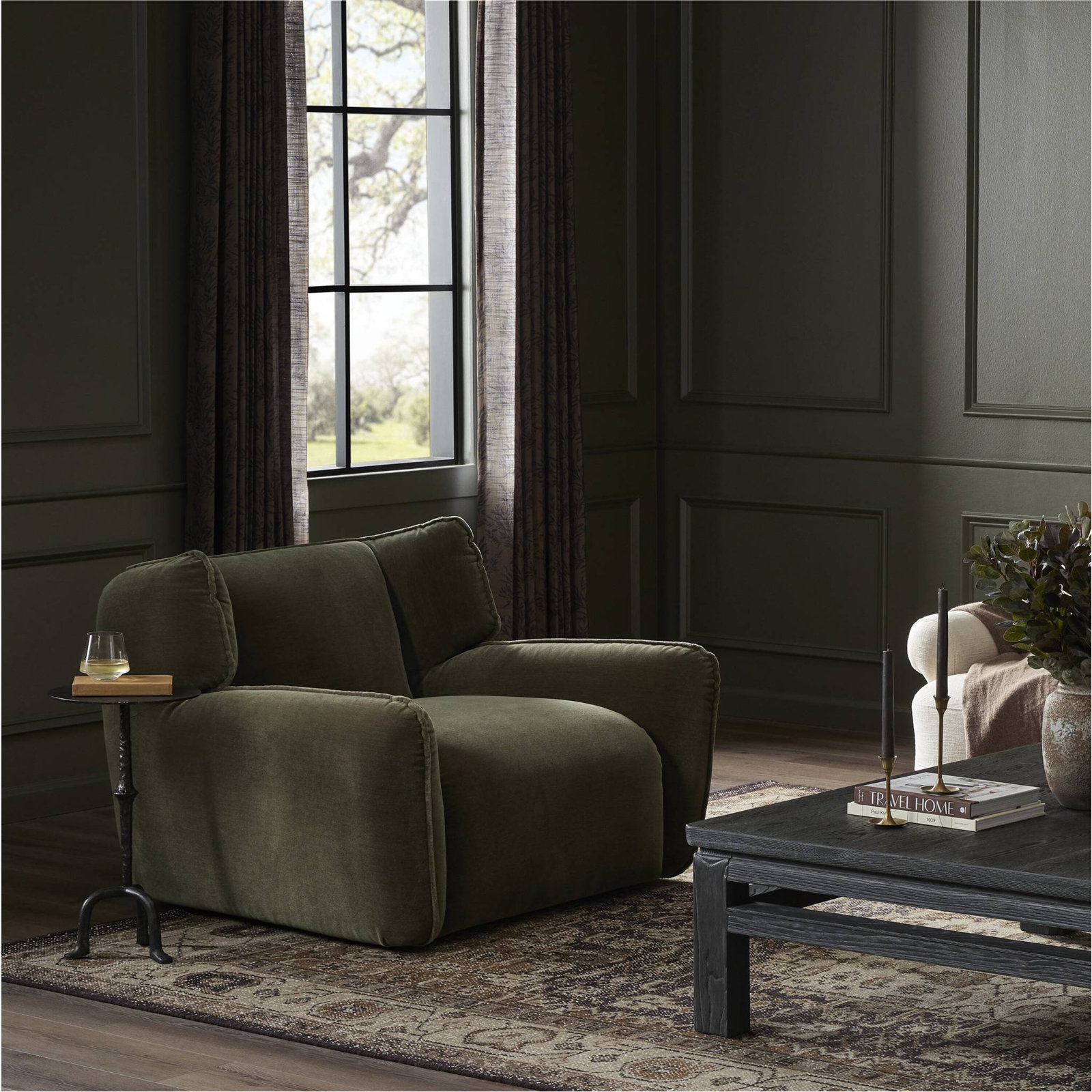 Pine Swivel Club Chair, Olive Performance Velvet