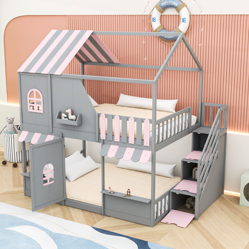 Lit superposé double au-dessus de double avec rangement intégré et conception de maisonnette, Gris / rose