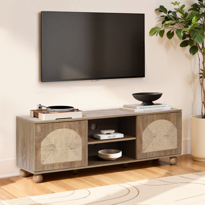 Natural Oak Finish Engineered Wood TV Console with Pine Round Ball Legs by Dakota Fields