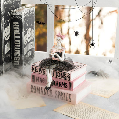 8.25"H Halloween Polyresin Pink Skeleton Ballerina on Books Table Decor