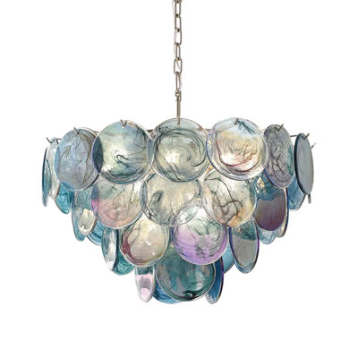 French Style Blue Glass Disc Chandelier Light, 22.44" Adjustable Chain Ceiling Lamp