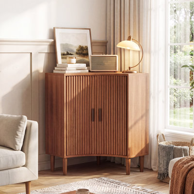 Fluted Corner Storage Cabinet, Wooden Corner Cabinet with 2 Sliding Doors, Narrow Freestanding Storage Organizer for Small Space, Living Room, Dining Room, Bathroom, Walnut