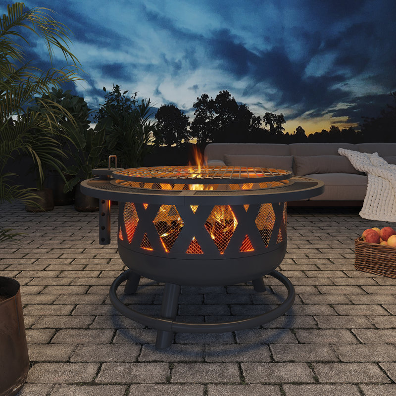 51 Inch Wood-Burning Fire Pit Table with Grill and Wood-Grain Side Tables, Black