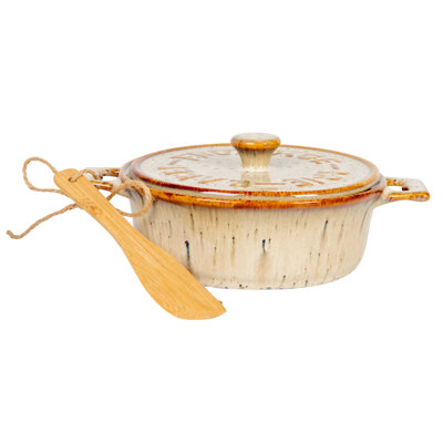 9 Inches Stoneware Brie Baker with Bamboo Canapé Spreader Knife and Reactive Glaze Design