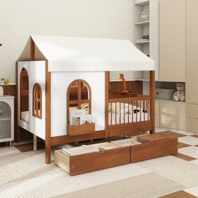 Full Size House Bed With 2 Large Drawers, Side Bookshelf With LED Strip, Walnut