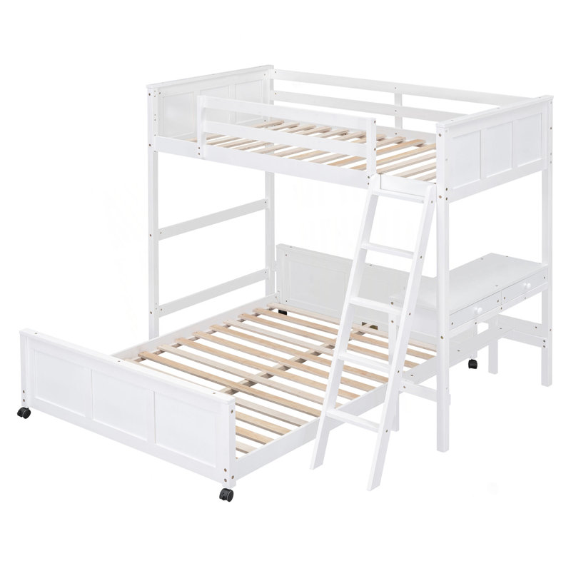 Lit simple superposé au dessus d'un lit double avec bureau, Blanc