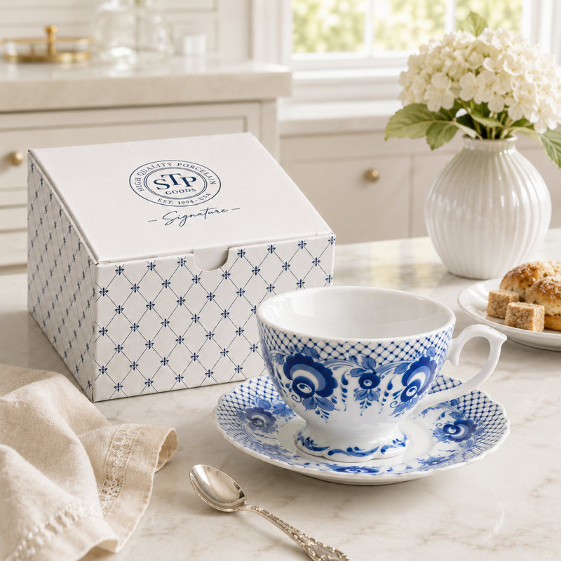 Tasse et soucoupe en porcelaine fine Signature, décor treillis cobalt de style Gzhel