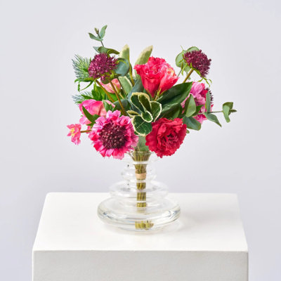 Real Touch Pink Scabiosa & Lisianthus in Modern Style Tiered Vase Spring Summer Water Illusion Arrangement