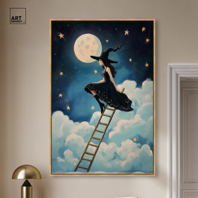 Witch on a Ladder Canvas Print Halloween Wall Decor by Art Remedy, Gold Frame, 36 x 54