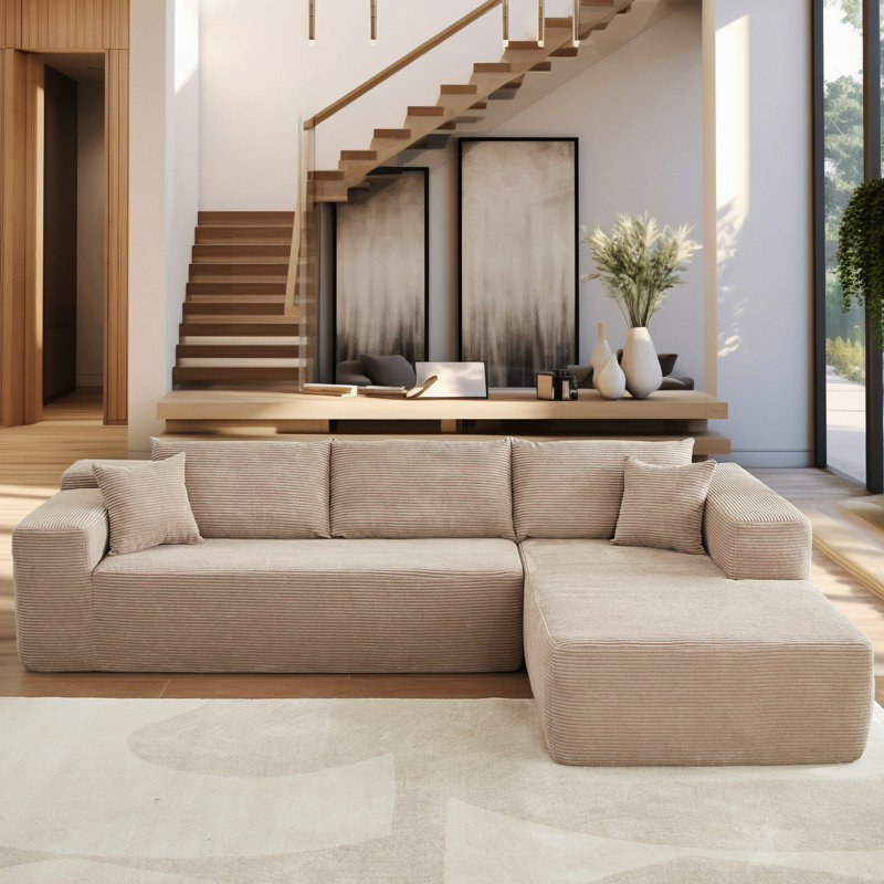 Natick Upholstered L-Shaped Sectional, Right Hand Facing, Beige Polyester