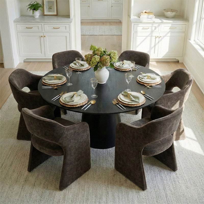 6 - Person Dining Table Sets With Round Table & 6 Upholstered Chenille Chairs, Black, Brown
