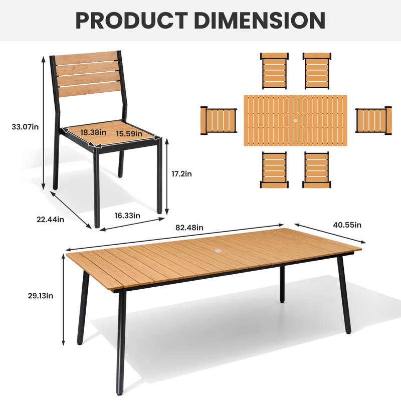 Ensemble repas pour 6 personnes en aluminium avec trou pour parasol et chaises empilables, Brun