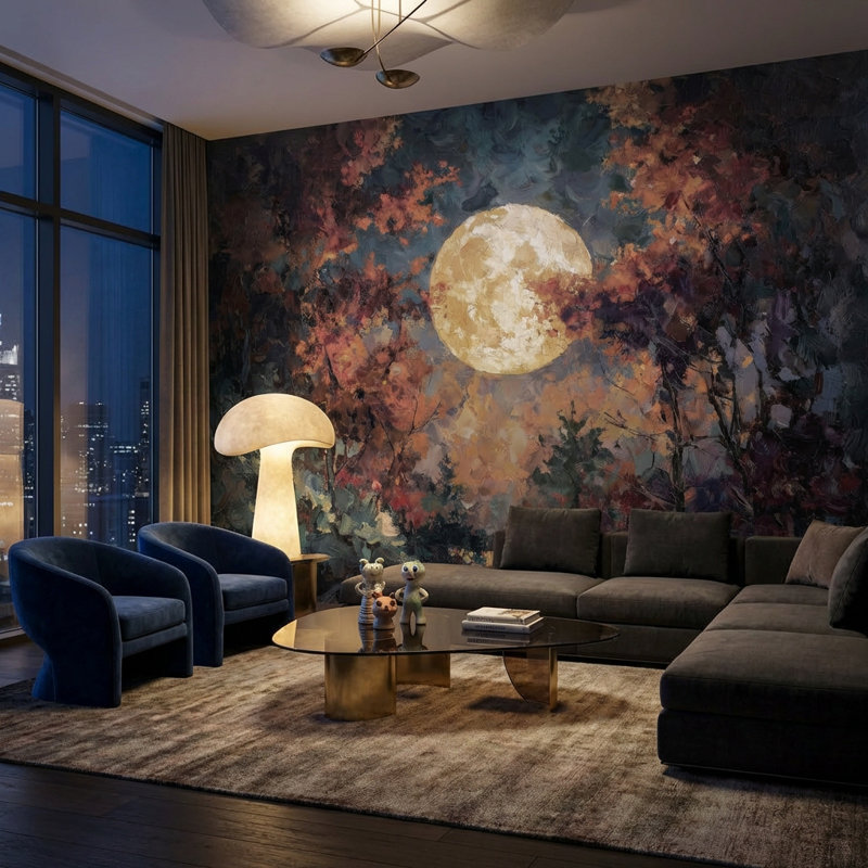 Décoration murale abstraite amovible Moon, 100 po x 96 po, Peler et coller
