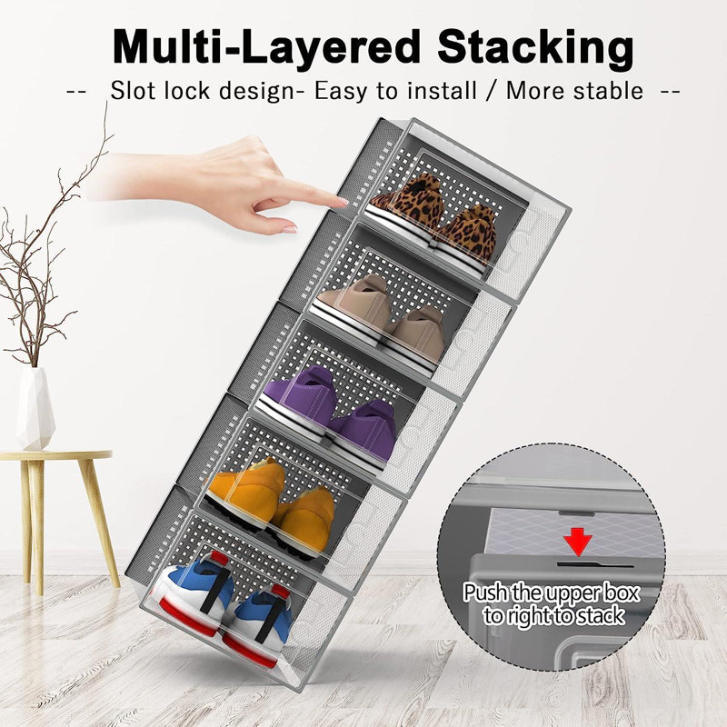 5 Pair Stackable Shoe Storage Box, Grey