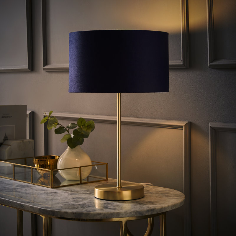 Dadiva Brushed Chrome Stem Table Lamp with Velvet Reni Shade, No, Gold Base/Navy Shade , 38cm H x 17.5 cm W x 44.45cm D