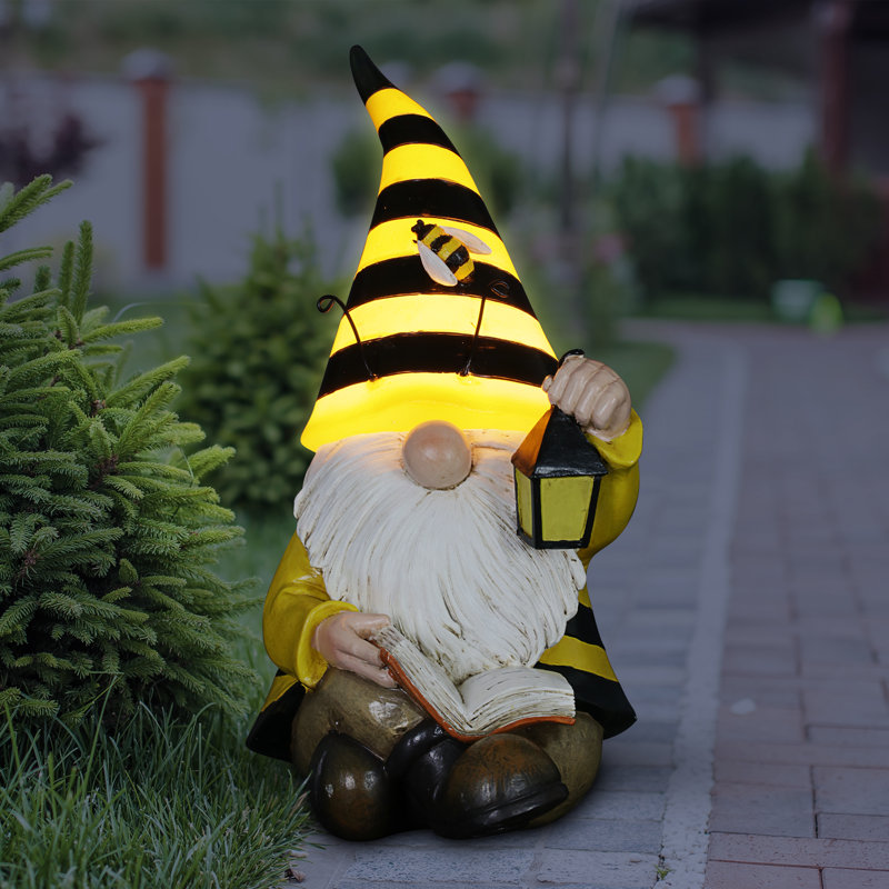 Hand Painted Solar Beekeeper Garden Gnome with Lantern and Book