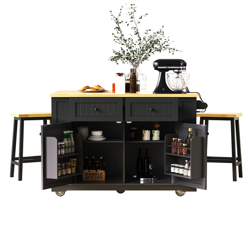 48Inch Large Kitchen Island With 2 Bar Stools, Power Outlet, Door Internal Storage Rack, Kitchen Storage Cart On 5 Wheels With Drop Leaf, 5 Open Side Racks, 2 Drawers,For Kitchen,Dining Room,