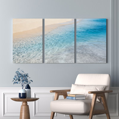 Ocean Waves Beach Scene Canvas Wrapped Wall Art Oil Painting Print Set of 3