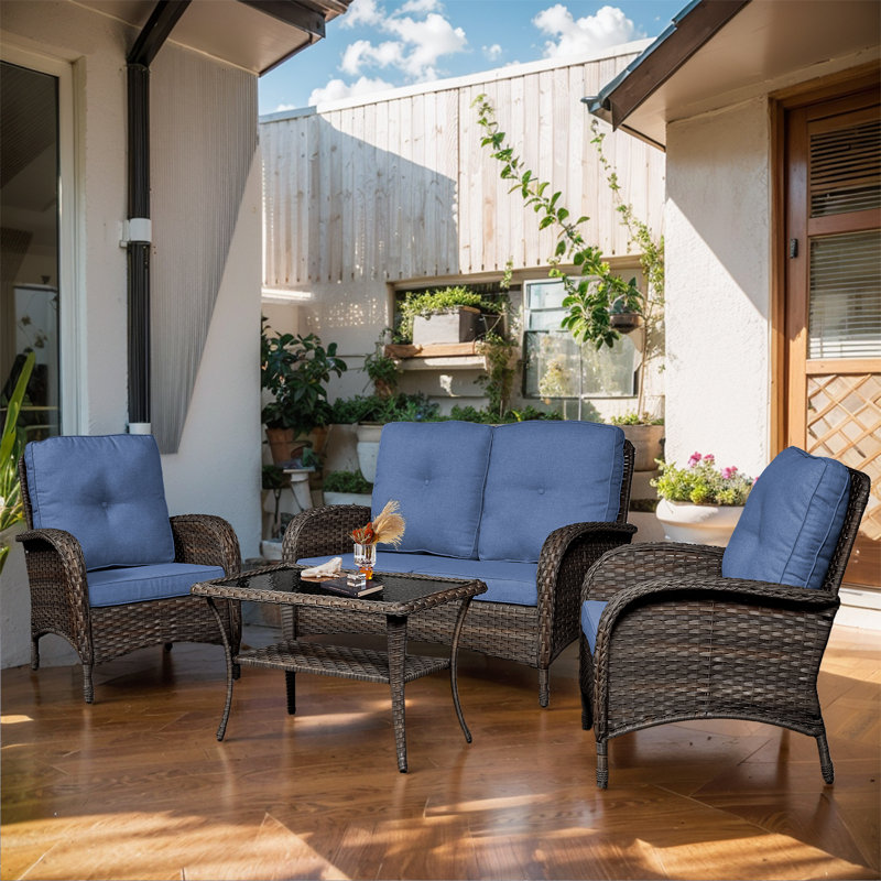Wicker 4 - Person Patio Conversation Set with Cushions, Blue