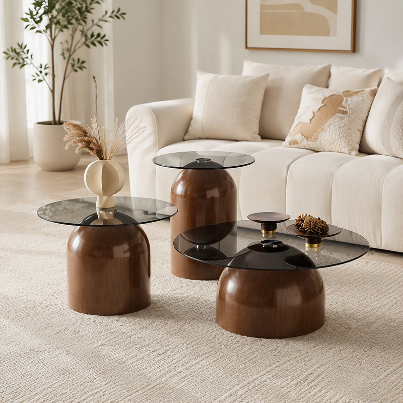 Petite table basse, table centrale ronde avec plateau en verre trempé, Noyer - 3 pièces