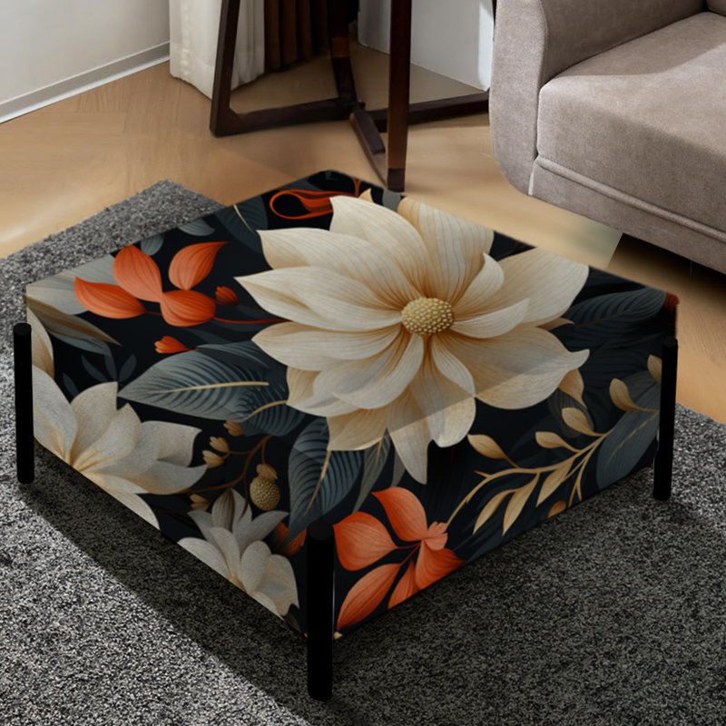 Blanc et orange géométrique beige à motif floral - grand repose-pieds carré floral