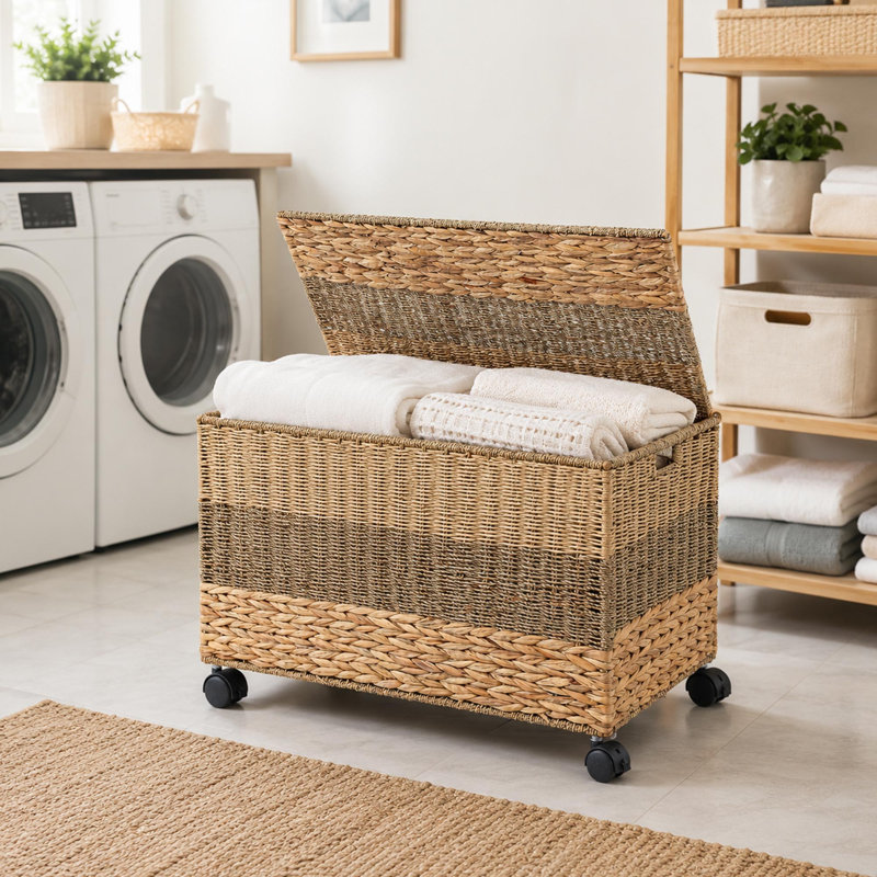 Coffre de rangement en jacinthe d'eau 160L, couvercle et roues