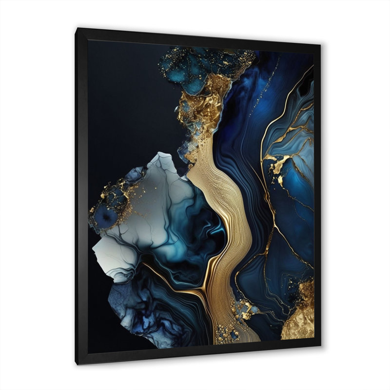 Géode abstraite, marbre doré et bleu V - art mural grand marbre abstrait, L 16 po x H 32 po