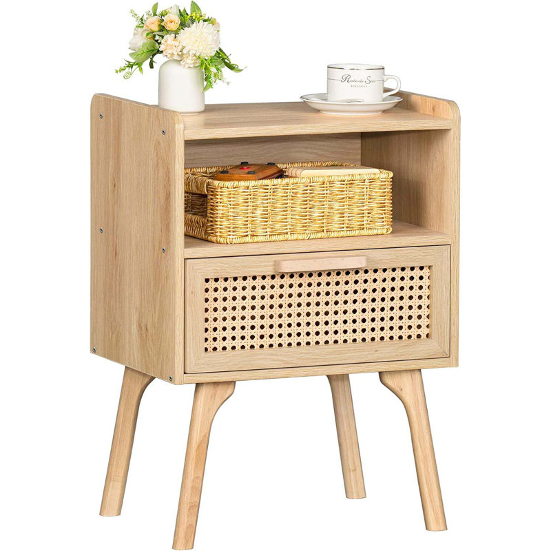 Cane Accent Bedside End Table With Solid Wood Legs For Bedroom, Dorm And Small Spaces