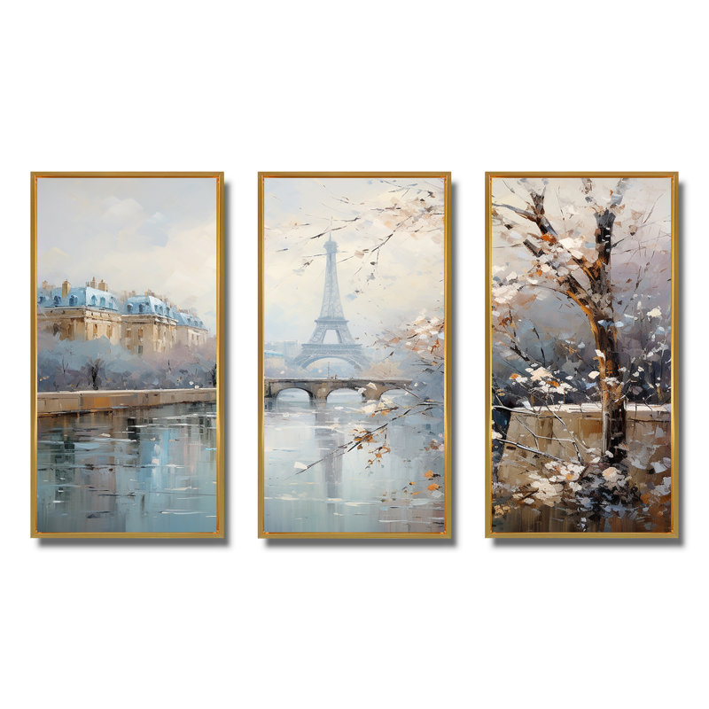 Hiver Paris, Tour Eiffel, ville, charme I - Art mural de Paris, H 40 po x l 60 po x P 1 po, Cadre flottant doré