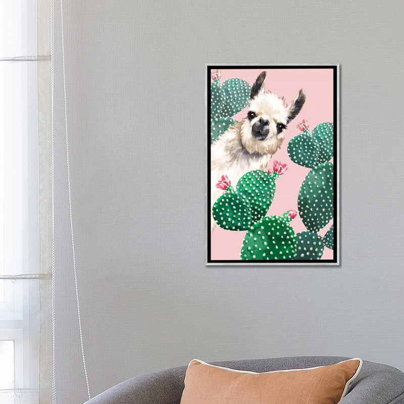Art du lama et du cactus, Toile avec cadre argenté, H 26 po x l 18 po x P 1,5 po