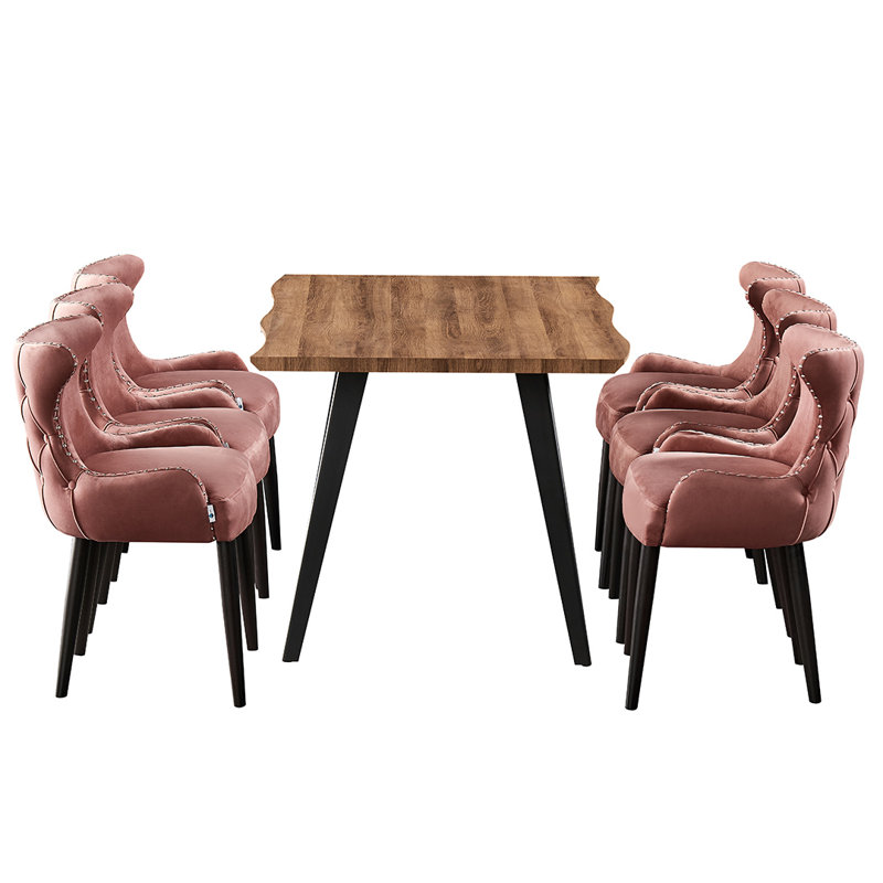 Ricky 6 Person Dining set - a Rectangular Wooden Dining Table with Metal Legs and a Set of 6 Quilted Velvet Dining Chairs for Dining Room - Modern Dining Table Set