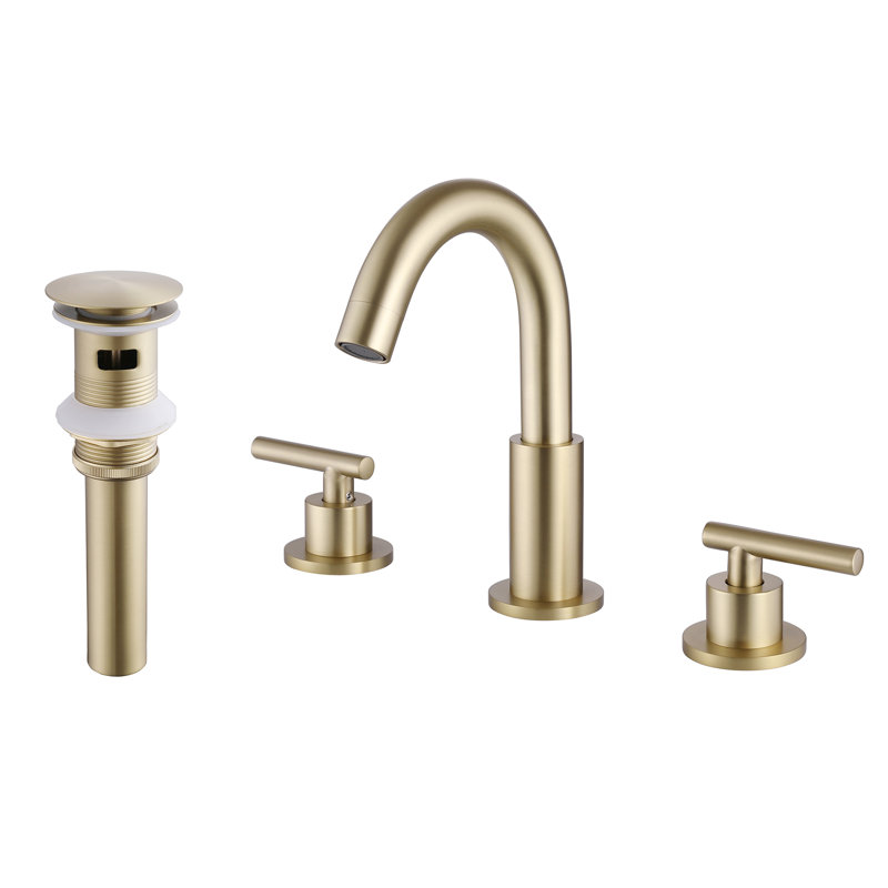 Solid Brass Two Handle Widespread Bathroom Sink Faucet With Drain Assembly, Brushed Gold
