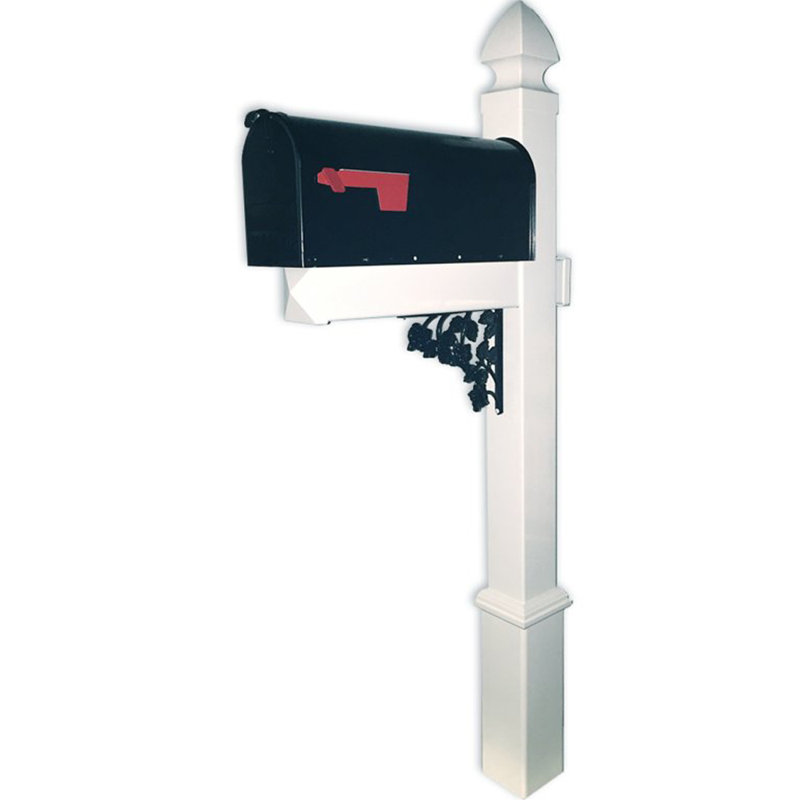 Classic Black Mailbox with White Vinyl Post and Decorative Features
