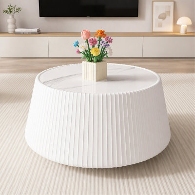 Modern Round Drum Coffee Table with Sintered Stone Top & Pleated Microfiber Leather Base, Fully Assembled