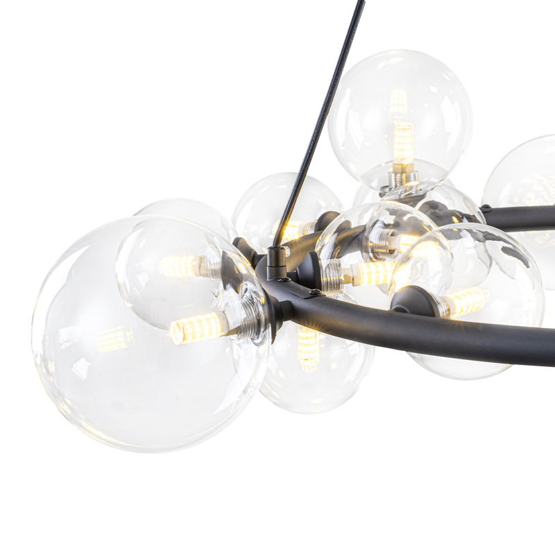 Lustre 15 lumières à globe moderne, îlot de cuisine rond 33 po avec abat-jour en verre transparent décalé, structure en métal noir mat, hauteur réglable de 23,6 po à 90,6 po, homologué UL pour la salle à manger