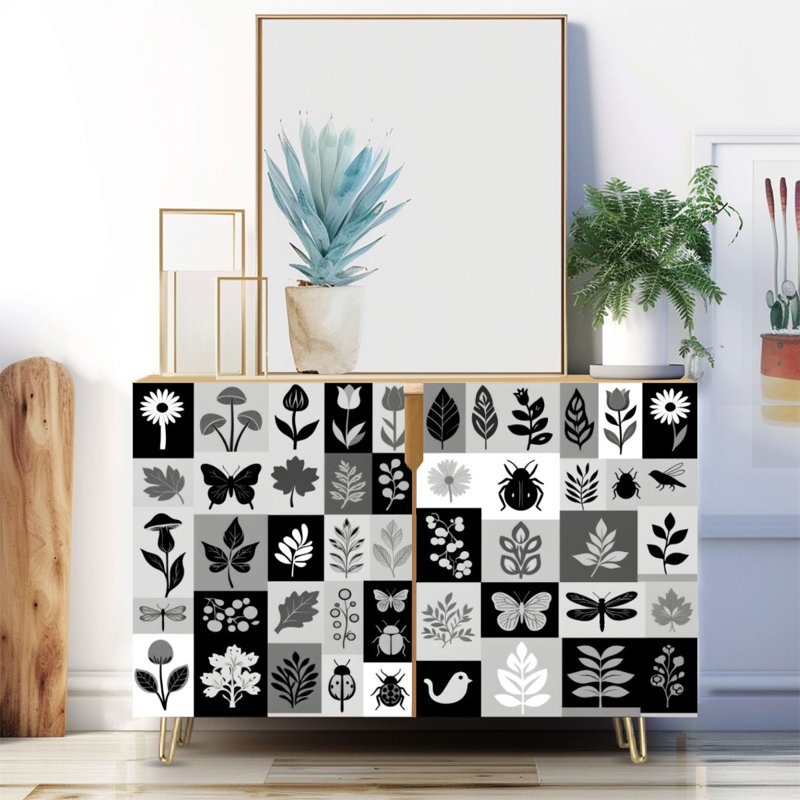 Buffet étroit de 35,4 po de largeur - armoire de rangement d'appoint à 2 portes avec motif de course à carreaux noir et blanc